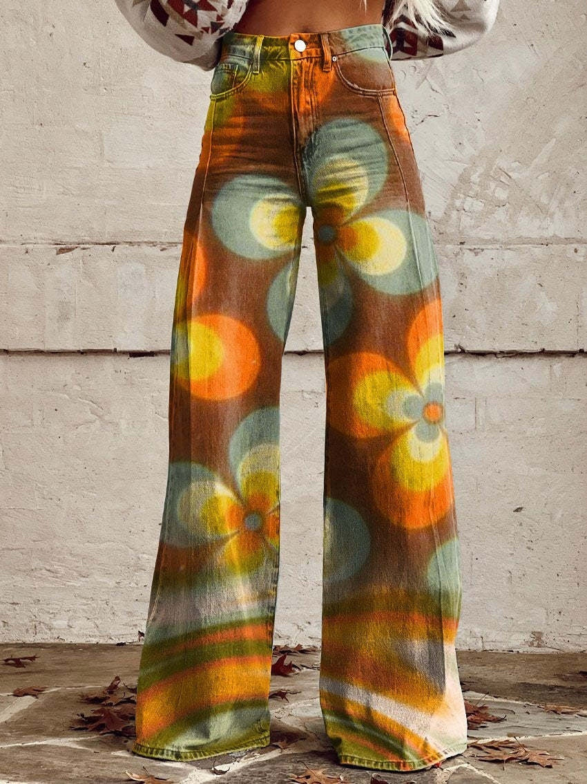 Heather – Bedruckte Damenhose mit weitem Bein aus dünnem veganem Denim