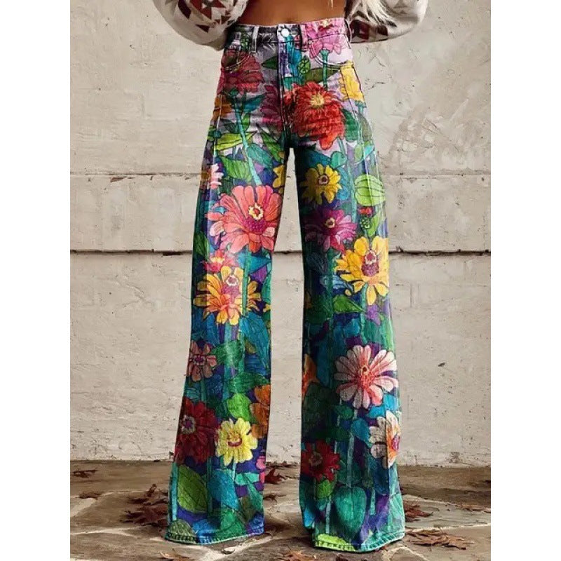 Heather – Bedruckte Damenhose mit weitem Bein aus dünnem veganem Denim