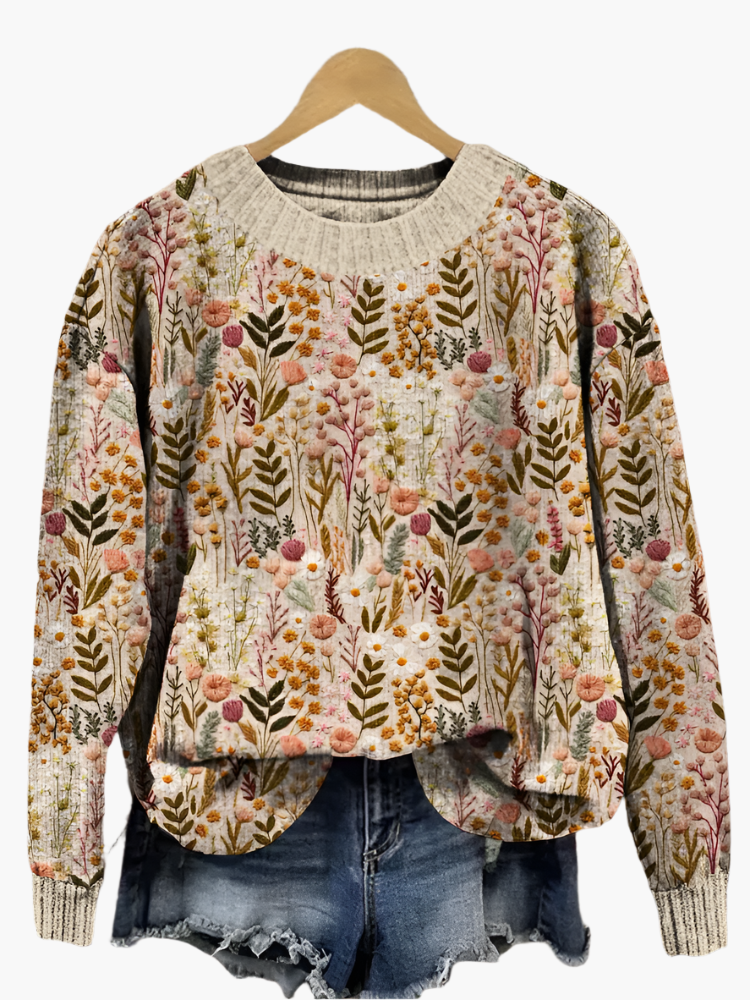 Damen Pullover mit floraler Stickerei – Lockerer Freizeit-Strickpullover für stilvolle Outfits