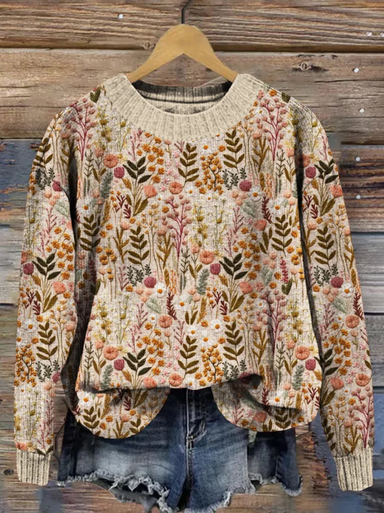 Damen Pullover mit floraler Stickerei – Lockerer Freizeit-Strickpullover für stilvolle Outfits