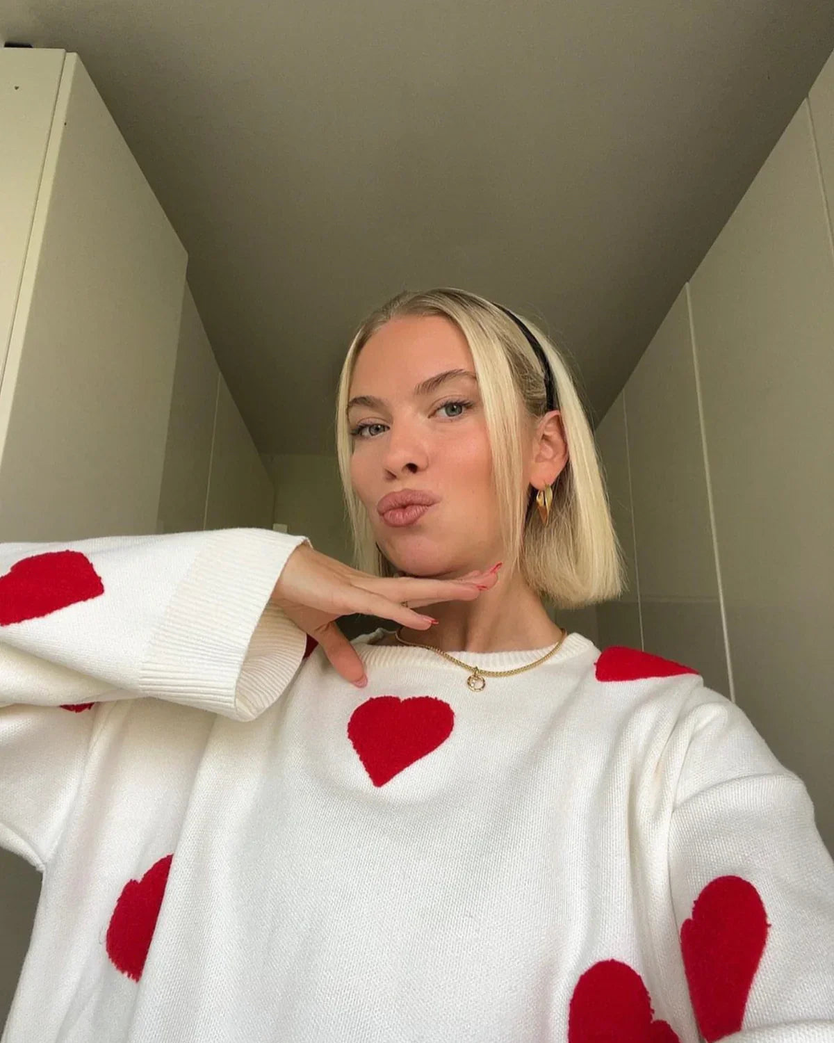 Damen Oversized Sweater mit Herz-Print – Bequemer Lounge-Pullover für Zuhause & Freizeit