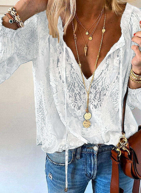 Damen-Spitzenbluse im Boho-Stil mit V-Ausschnitt für Freizeit & Sommer
