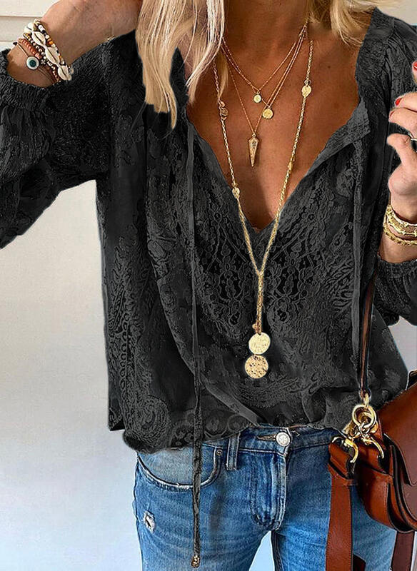 Damen-Spitzenbluse im Boho-Stil mit V-Ausschnitt für Freizeit & Sommer