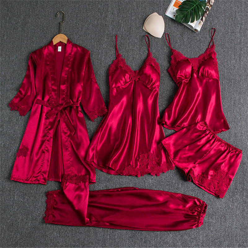 Damen Nachtwäsche Set – Elegantes 5-teiliges Loungewear Ensemble mit Spitzen-Details