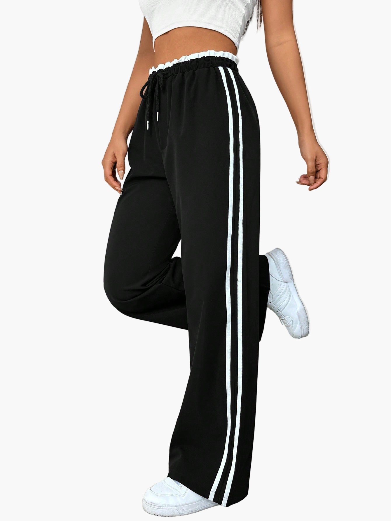 Damen Sportliche Wide-Leg Freizeithose mit Doppelstreifen – Streetwear & Fitness
