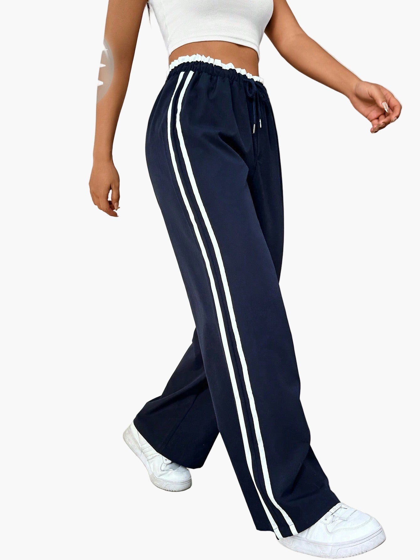 Damen Sportliche Wide-Leg Freizeithose mit Doppelstreifen – Streetwear & Fitness