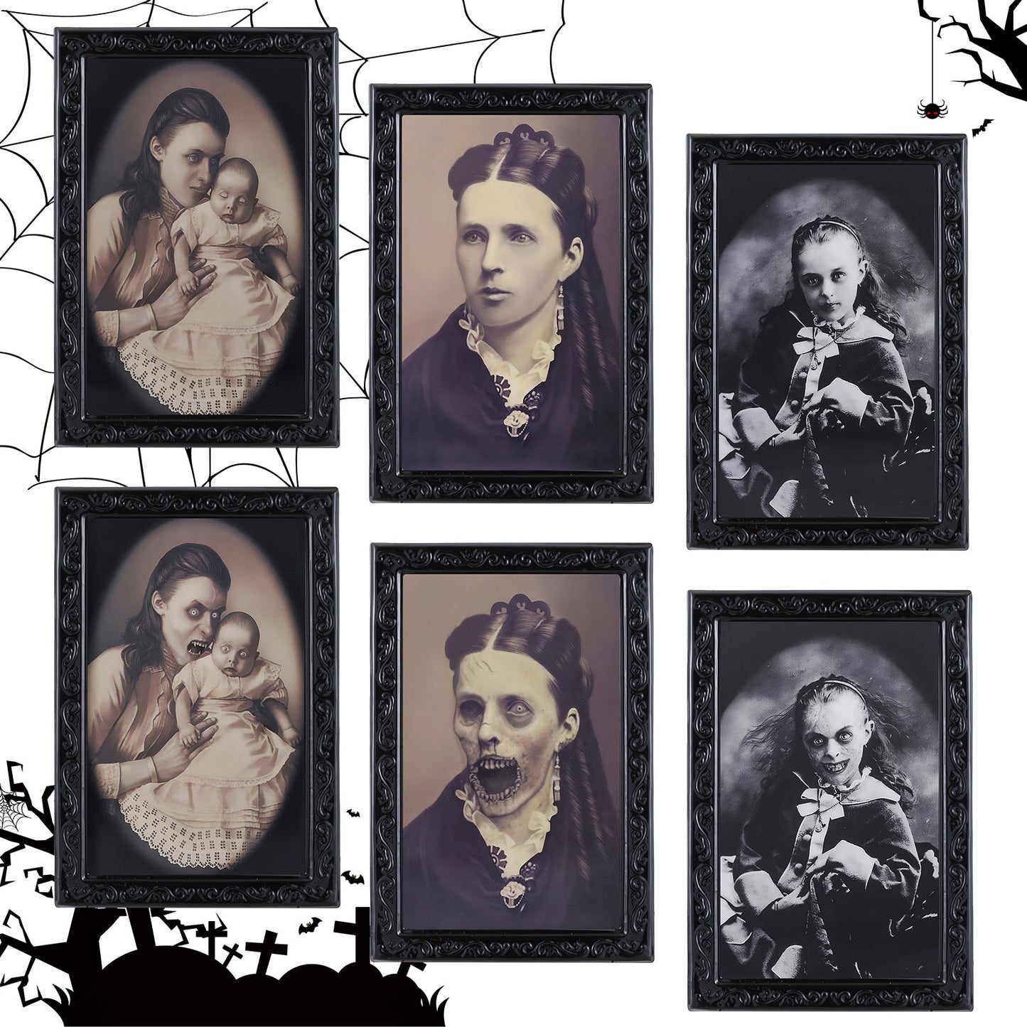Halloween Deko Wechselbild Geisterporträts – Gruselige Lentikularbilder für Spukhaus & Party (3er oder 6er Set)