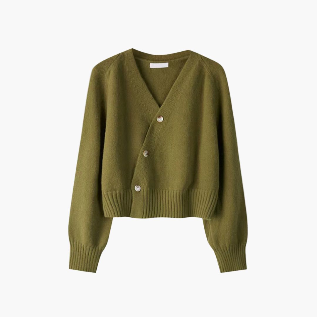 Damen Strickjacke mit V-Ausschnitt und schrägem Knopf – Modischer Cardigan für Alltag und Büro