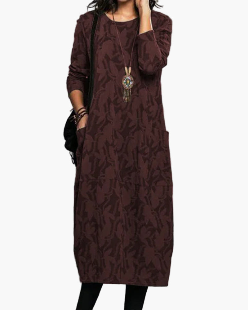 Damen Freizeitkleid im lockeren Boho-Stil – Elegantes Langarm Midi-Kleid für Alltag und Büro