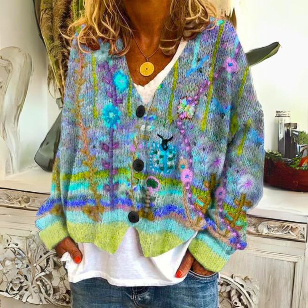 Damen Strickjacke im Boho-Stil – Farbige, lässige Cardigan mit Blumenmuster für Alltag und Freizeit