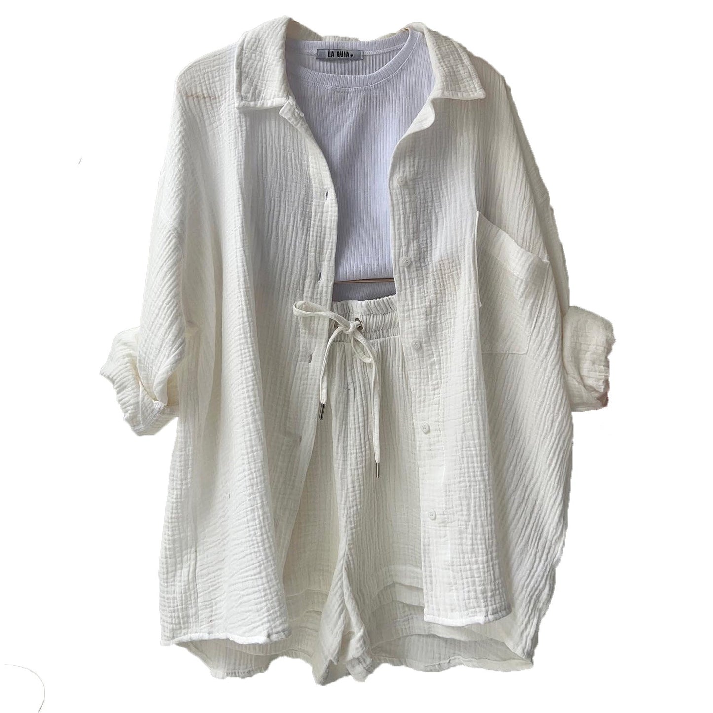 Damen 3-teiliges Freizeit-Set mit Hemd, Crop-Top und Shorts – Perfekt für entspannte Sommertage