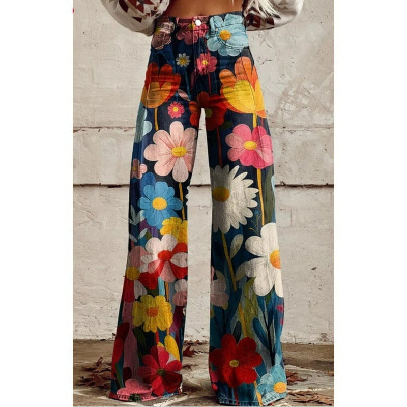 Damen Schlaghose mit auffälligem Blumenmuster im Retro-Stil