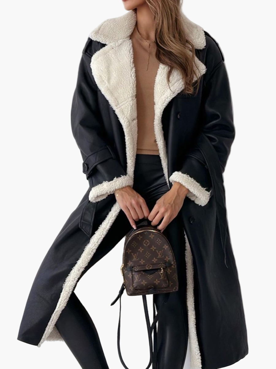 Damen Langer Wintermantel mit Teddyfell-Kragen – Eleganter Trenchcoat für Herbst & Winter