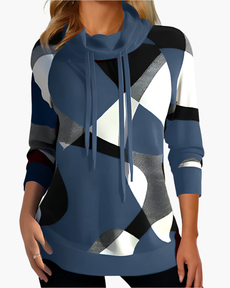Damen Pullover Modernes Geometrisches Muster Freizeit Sweatshirt mit Kordelzugkragen