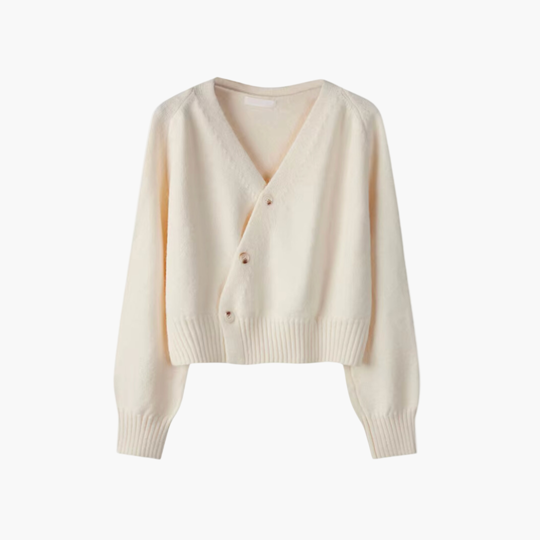 Damen Strickjacke mit V-Ausschnitt und schrägem Knopf – Modischer Cardigan für Alltag und Büro