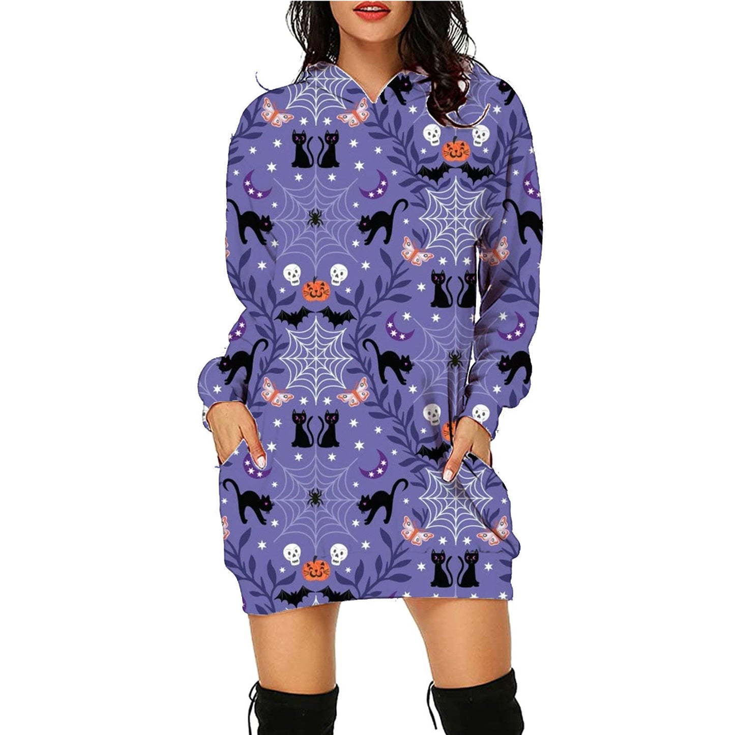 Damen Halloween Hoodie Kleid – Bequemes Freizeitkleid mit lustigen Motiven für Party & Kostüm
