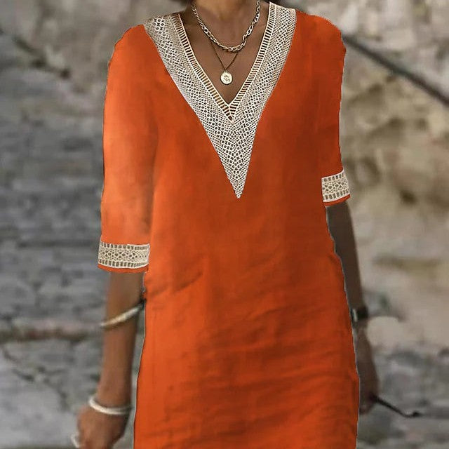 Damen-Sommerkleid mit Häkel-Details und V-Ausschnitt für Strand & Freizeit