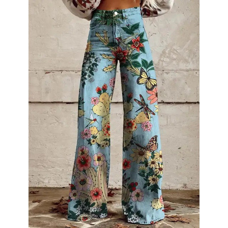 Heather – Bedruckte Damenhose mit weitem Bein aus dünnem veganem Denim
