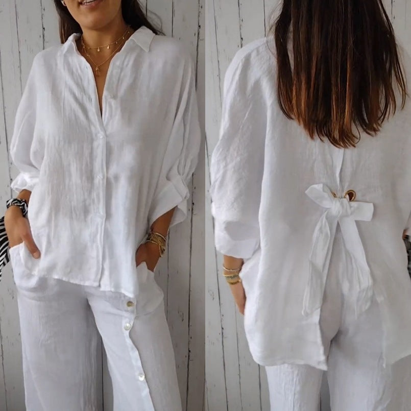 Damen Leinenbluse mit Rückenschleife – Luftiges Sommerdesign für Alltag und Urlaub