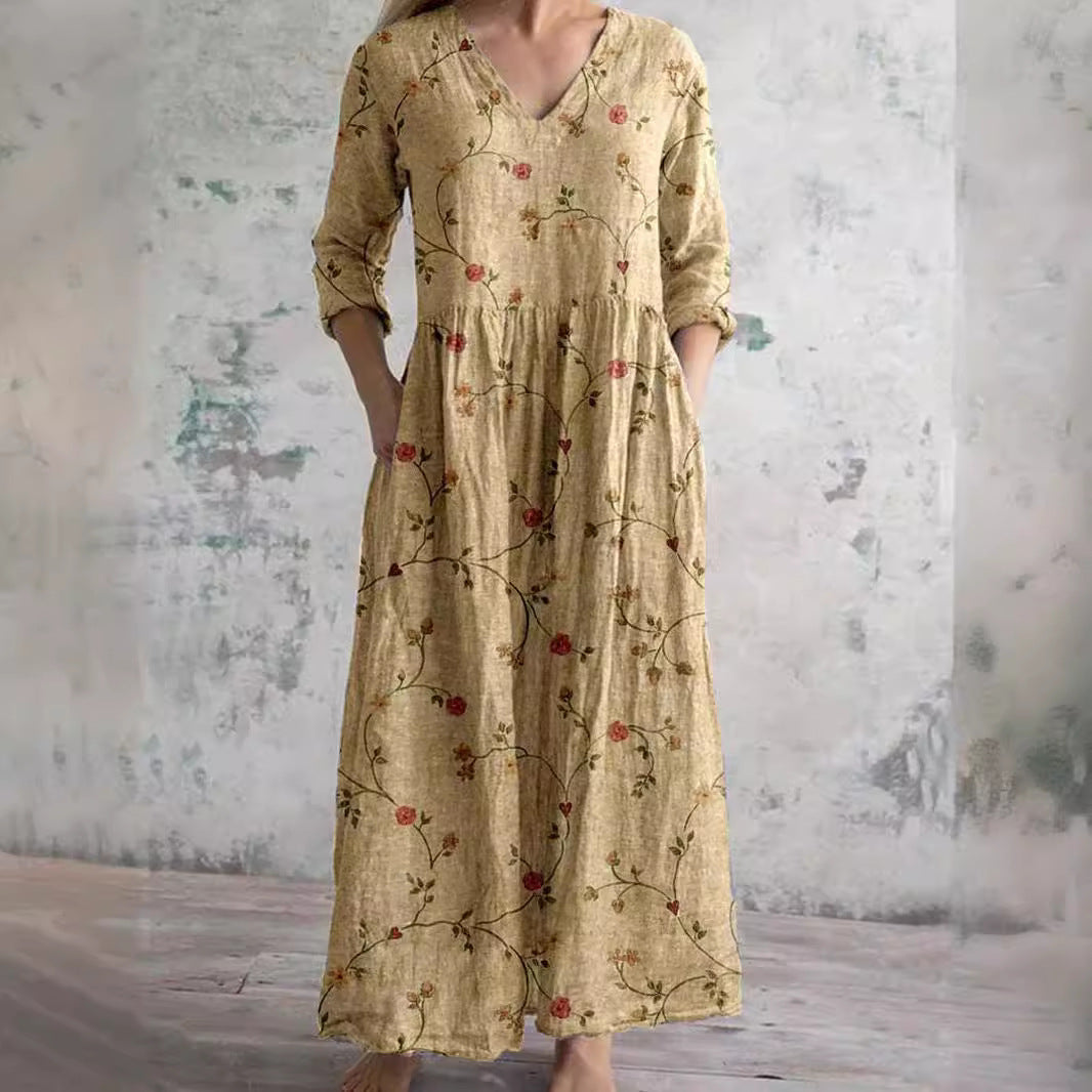 Damen Maxikleid Vintage Stil mit Blumenmuster – Bequemes Freizeitkleid mit Taschen und V-Ausschnitt