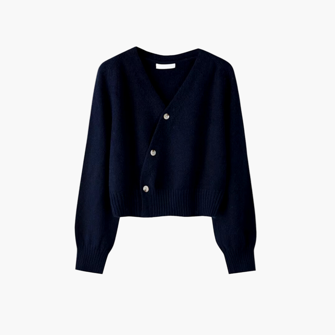 Damen Strickjacke mit V-Ausschnitt und schrägem Knopf – Modischer Cardigan für Alltag und Büro