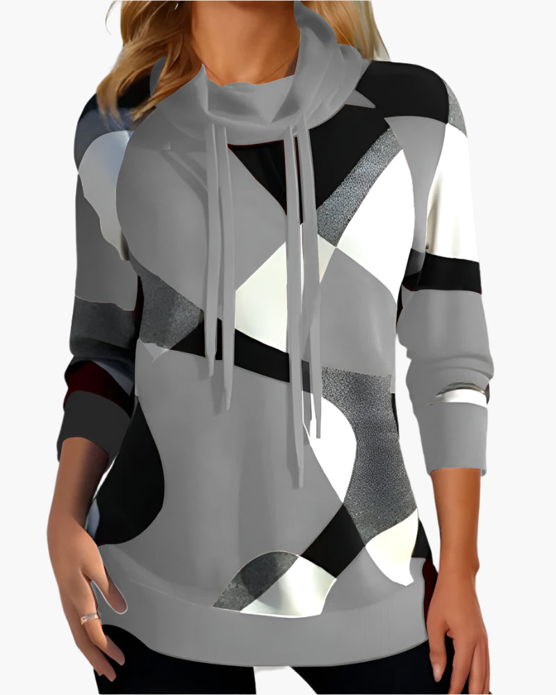 Damen Pullover Modernes Geometrisches Muster Freizeit Sweatshirt mit Kordelzugkragen