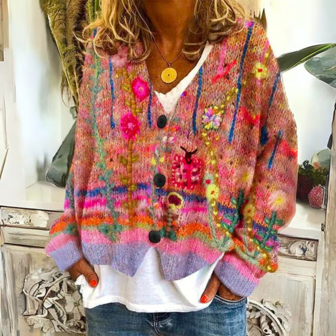 Damen Strickjacke im Boho-Stil – Farbige, lässige Cardigan mit Blumenmuster für Alltag und Freizeit