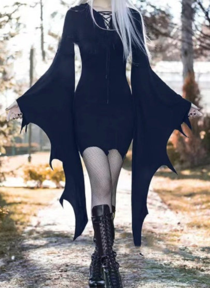 Halloween Damen Kleid Gothic Fledermaus Kostüm für Partys und Cosplay