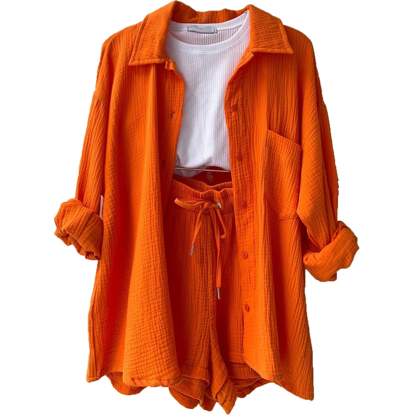 Damen 3-teiliges Freizeit-Set mit Hemd, Crop-Top und Shorts – Perfekt für entspannte Sommertage