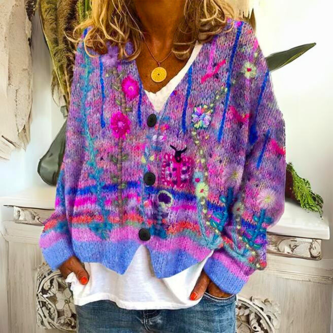Damen Strickjacke im Boho-Stil – Farbige, lässige Cardigan mit Blumenmuster für Alltag und Freizeit