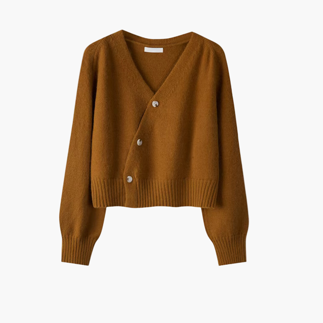Damen Strickjacke mit V-Ausschnitt und schrägem Knopf – Modischer Cardigan für Alltag und Büro