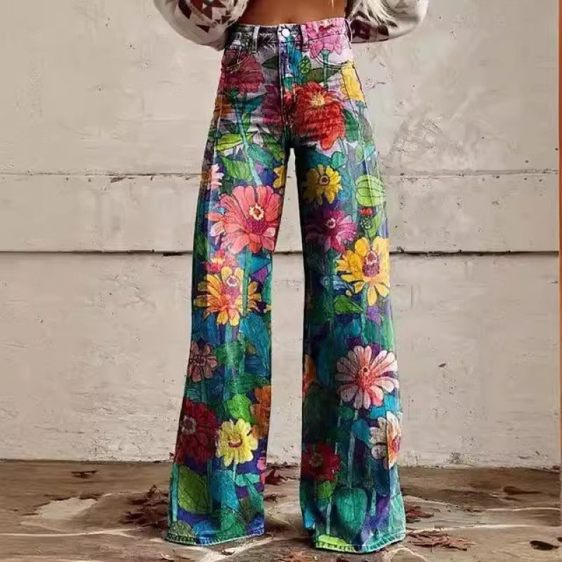 Damen Schlaghose mit auffälligem Blumenmuster im Retro-Stil