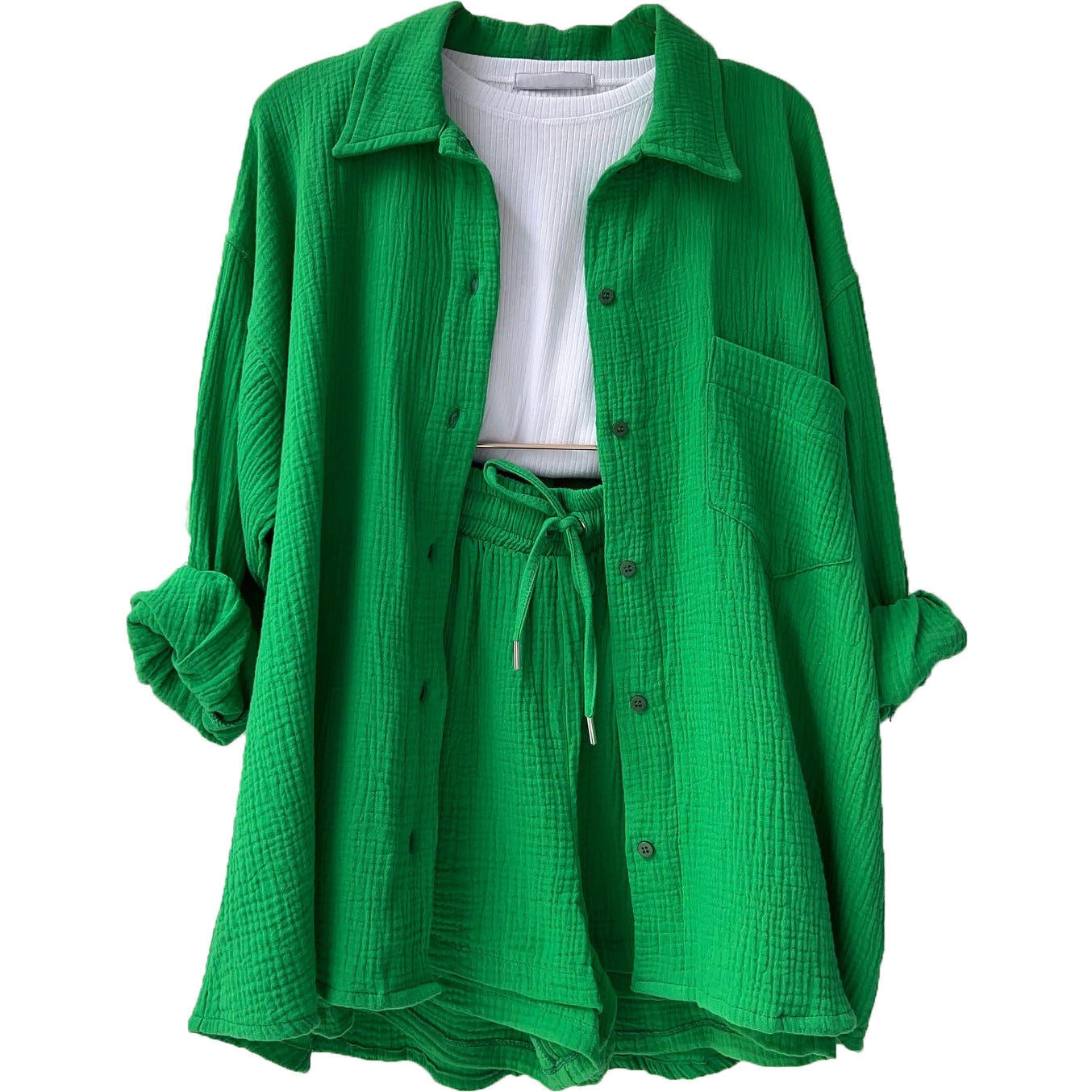 Damen 3-teiliges Freizeit-Set mit Hemd, Crop-Top und Shorts – Perfekt für entspannte Sommertage