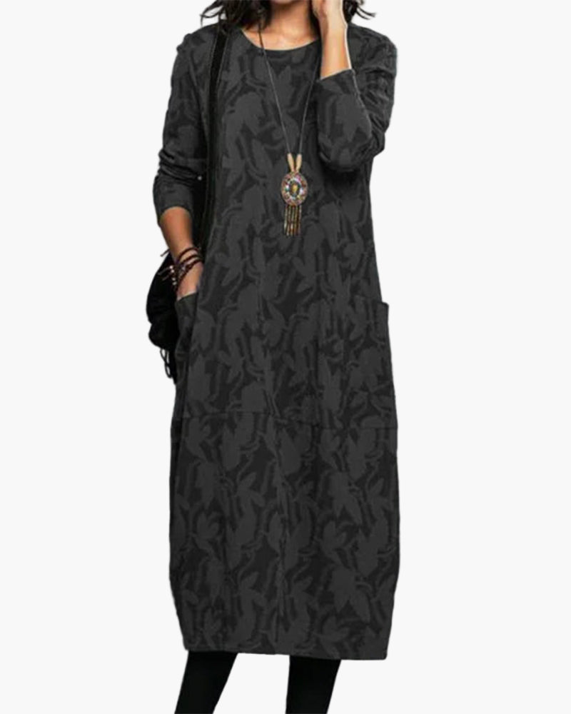 Damen Freizeitkleid im lockeren Boho-Stil – Elegantes Langarm Midi-Kleid für Alltag und Büro