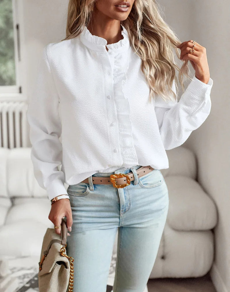 Damen Chiffon Bluse mit Rüschenkragen – Eleganter Alltagsstil für Büro & Freizeit