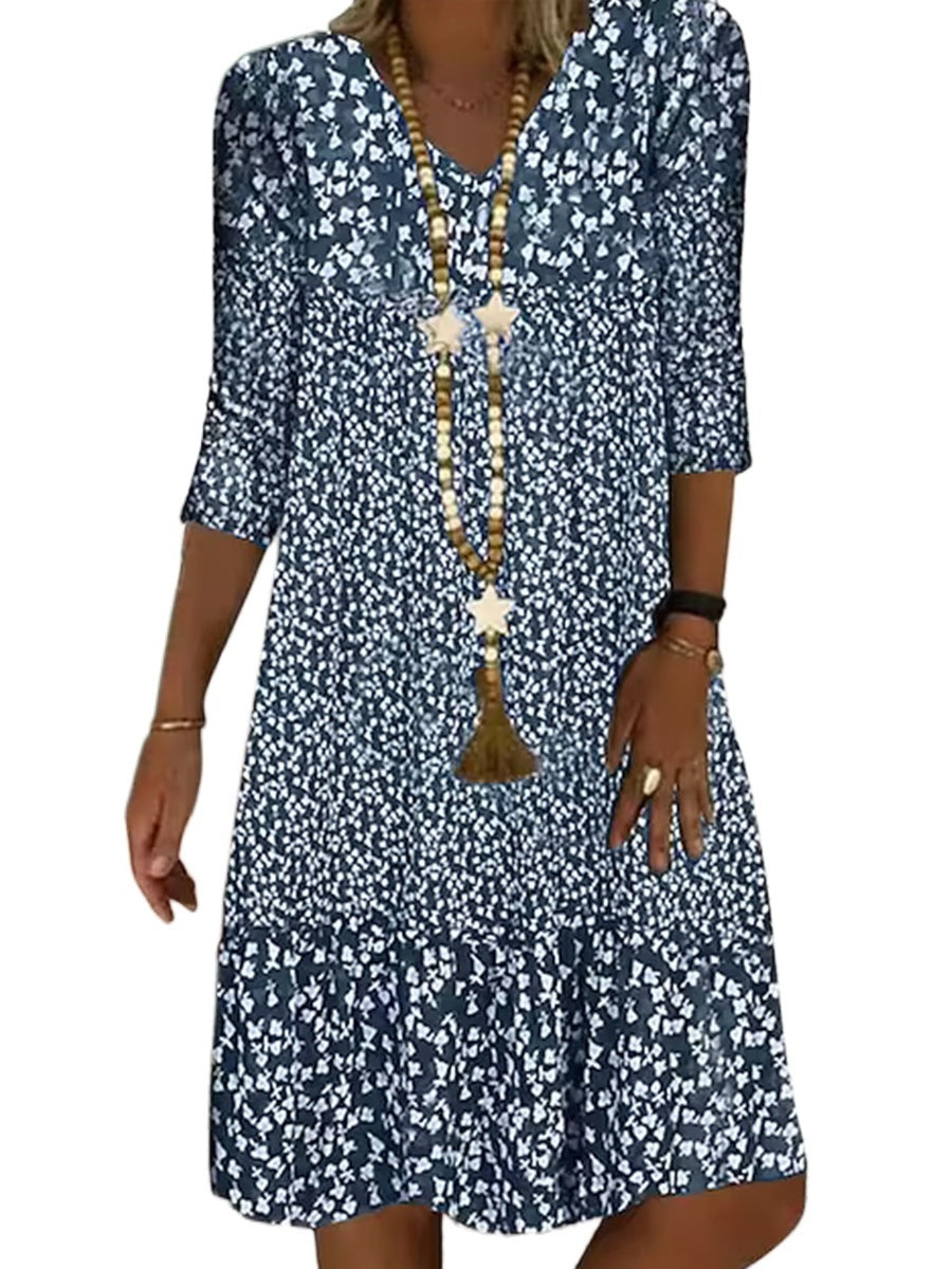 Damen Boho Blumenkleid mit 3/4-Ärmeln – Luftig & Bequem für Alltag und Urlaub