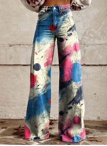 Heather – Bedruckte Damenhose mit weitem Bein aus dünnem veganem Denim