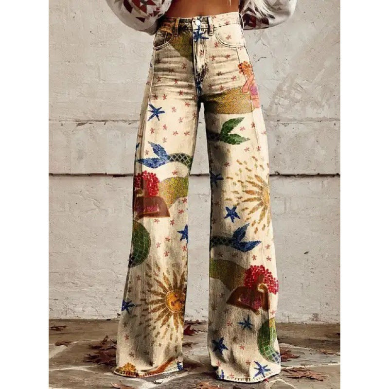 Damen Schlaghose mit auffälligem Blumenmuster im Retro-Stil