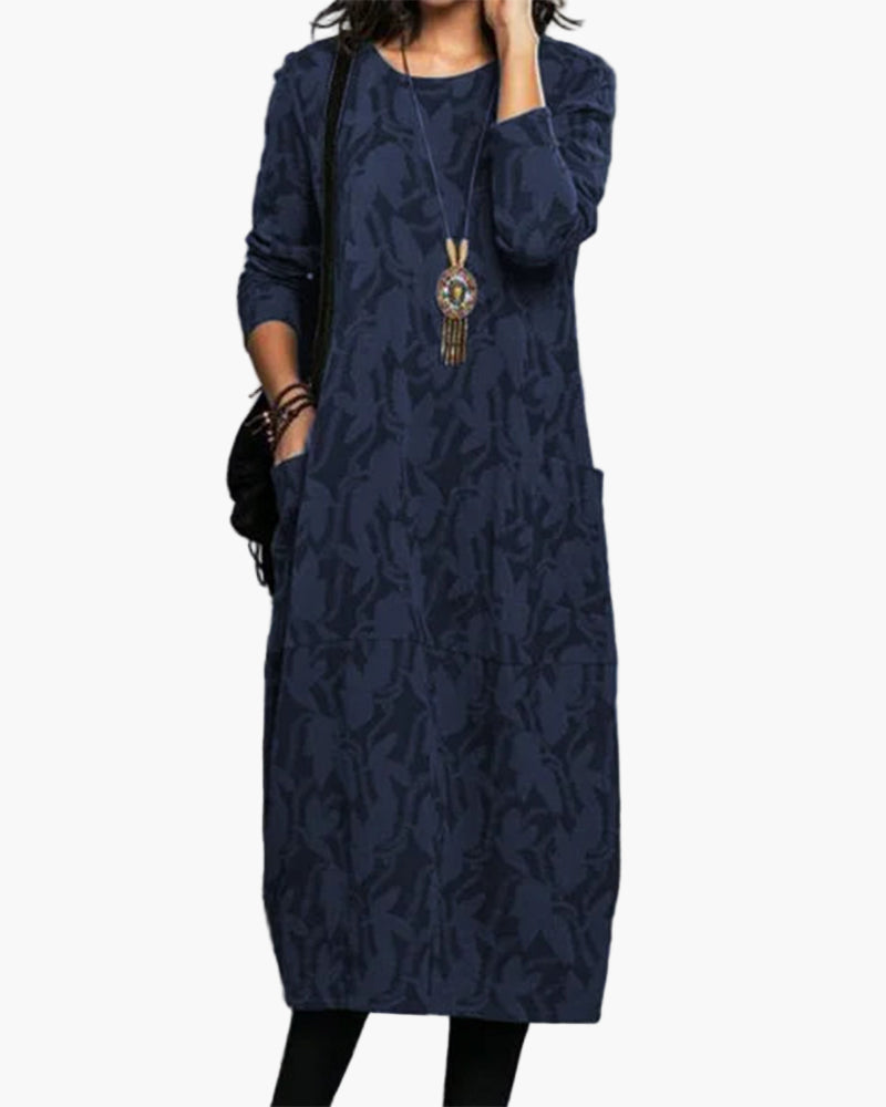 Damen Freizeitkleid im lockeren Boho-Stil – Elegantes Langarm Midi-Kleid für Alltag und Büro