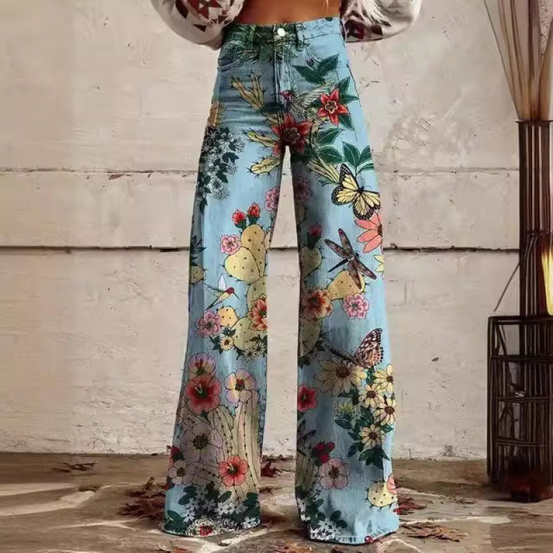 Heather – Bedruckte Damenhose mit weitem Bein aus dünnem veganem Denim