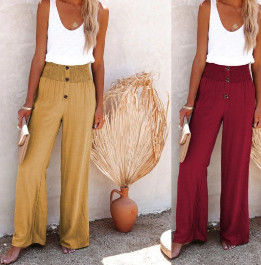 Damen High-Waist Freizeithose mit Knopfdetail – Weit geschnittene Sommerhose im Boho-Stil