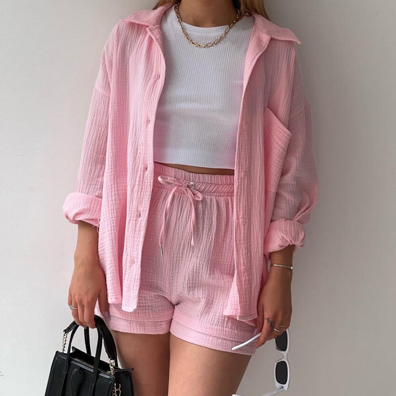 Damen 3-teiliges Freizeit-Set mit Hemd, Crop-Top und Shorts – Perfekt für entspannte Sommertage