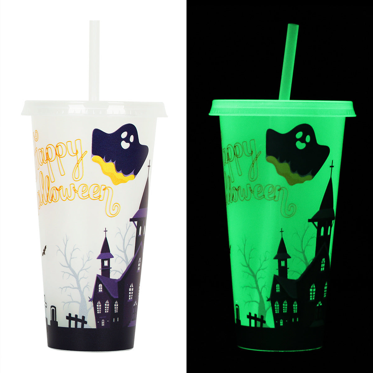 Halloween Becher mit Strohhalm – Leuchtender Partybecher für Halloween-Partys & Gruselige Dekoration