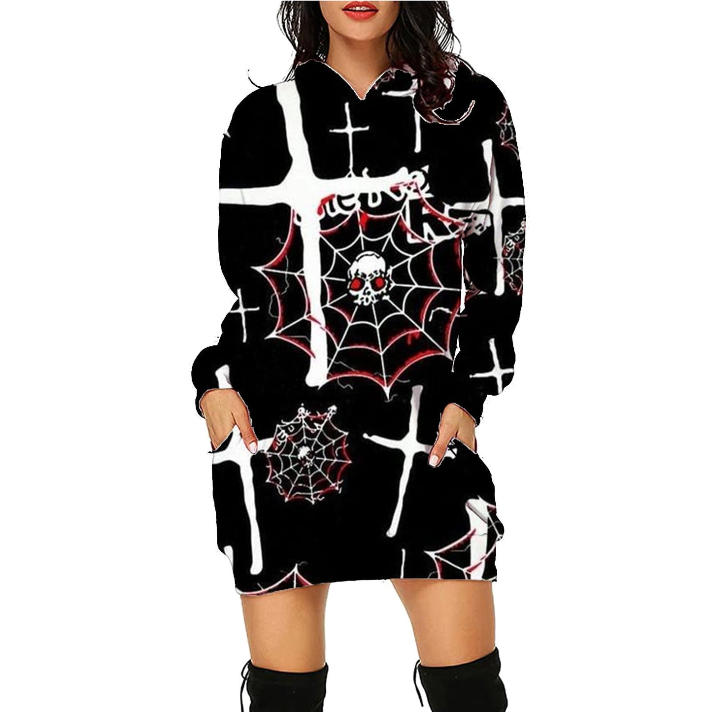 Damen Halloween Hoodie Kleid – Bequemes Freizeitkleid mit lustigen Motiven für Party & Kostüm