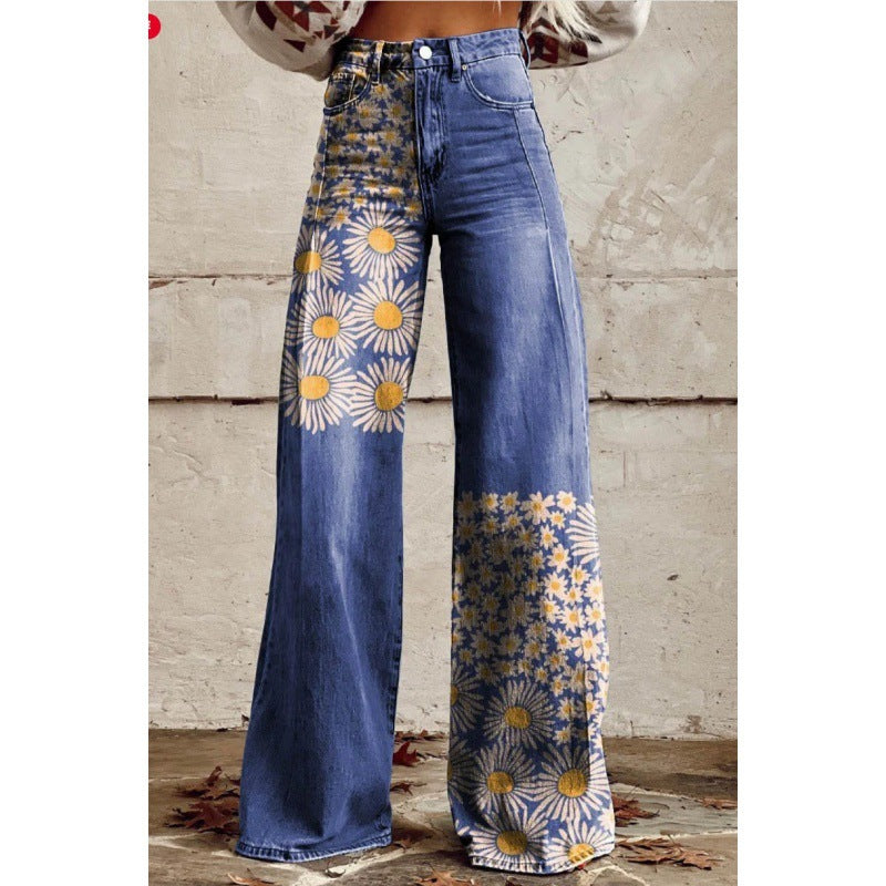 Damen Schlaghose mit auffälligem Blumenmuster im Retro-Stil