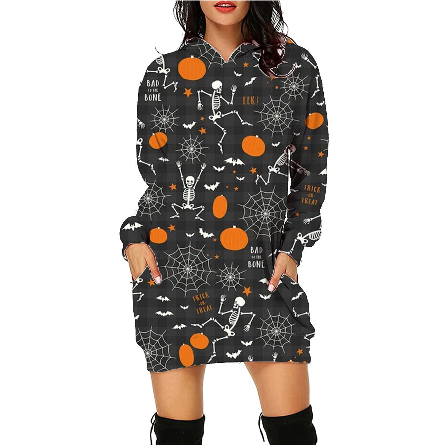 Damen Halloween Hoodie Kleid – Bequemes Freizeitkleid mit lustigen Motiven für Party & Kostüm