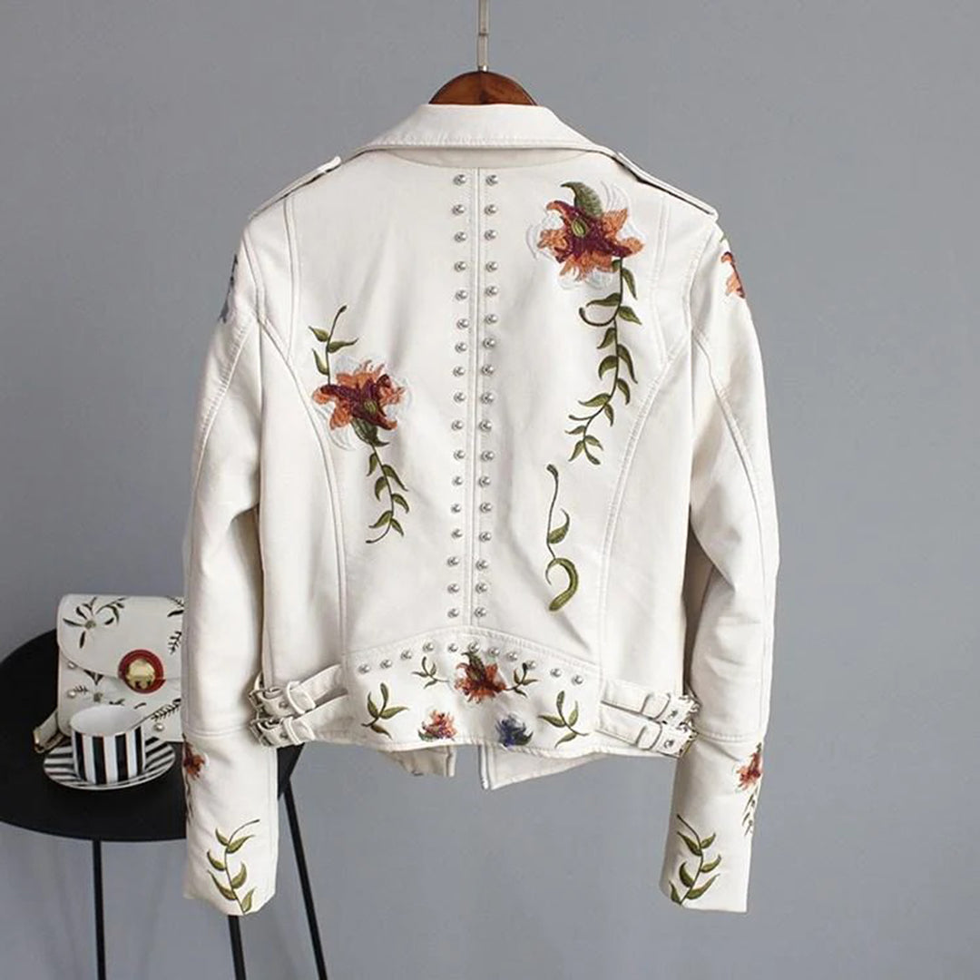 Damen Bikerjacke mit floraler Stickerei – Modisches Statement für Alltag und Abend