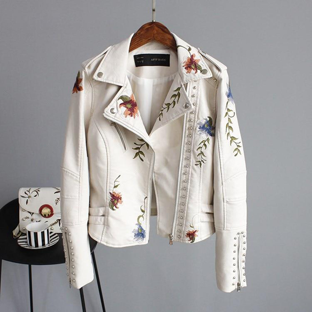 Damen Bikerjacke mit floraler Stickerei – Modisches Statement für Alltag und Abend