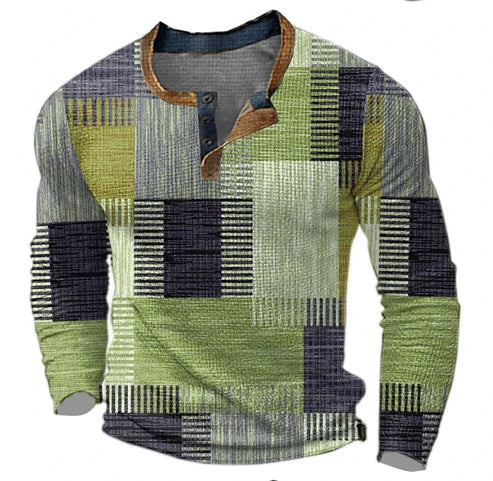 Herren Patchwork Henley Langarmshirt – Modernes Freizeitshirt für Herbst und Winter