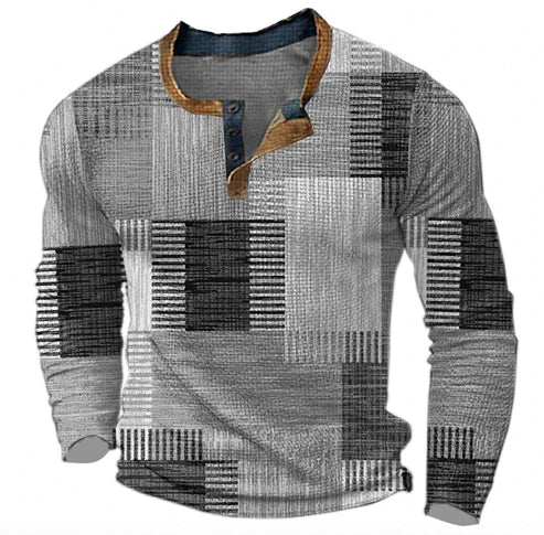 Herren Patchwork Henley Langarmshirt – Modernes Freizeitshirt für Herbst und Winter
